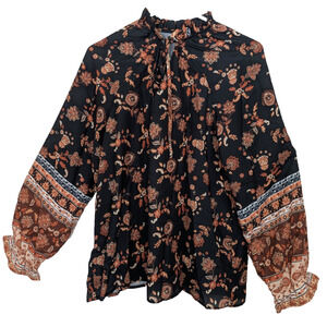 Cupshe Women's Paisley Floral Peasant Blouse Brown Large Boho Cottagecore Dressy